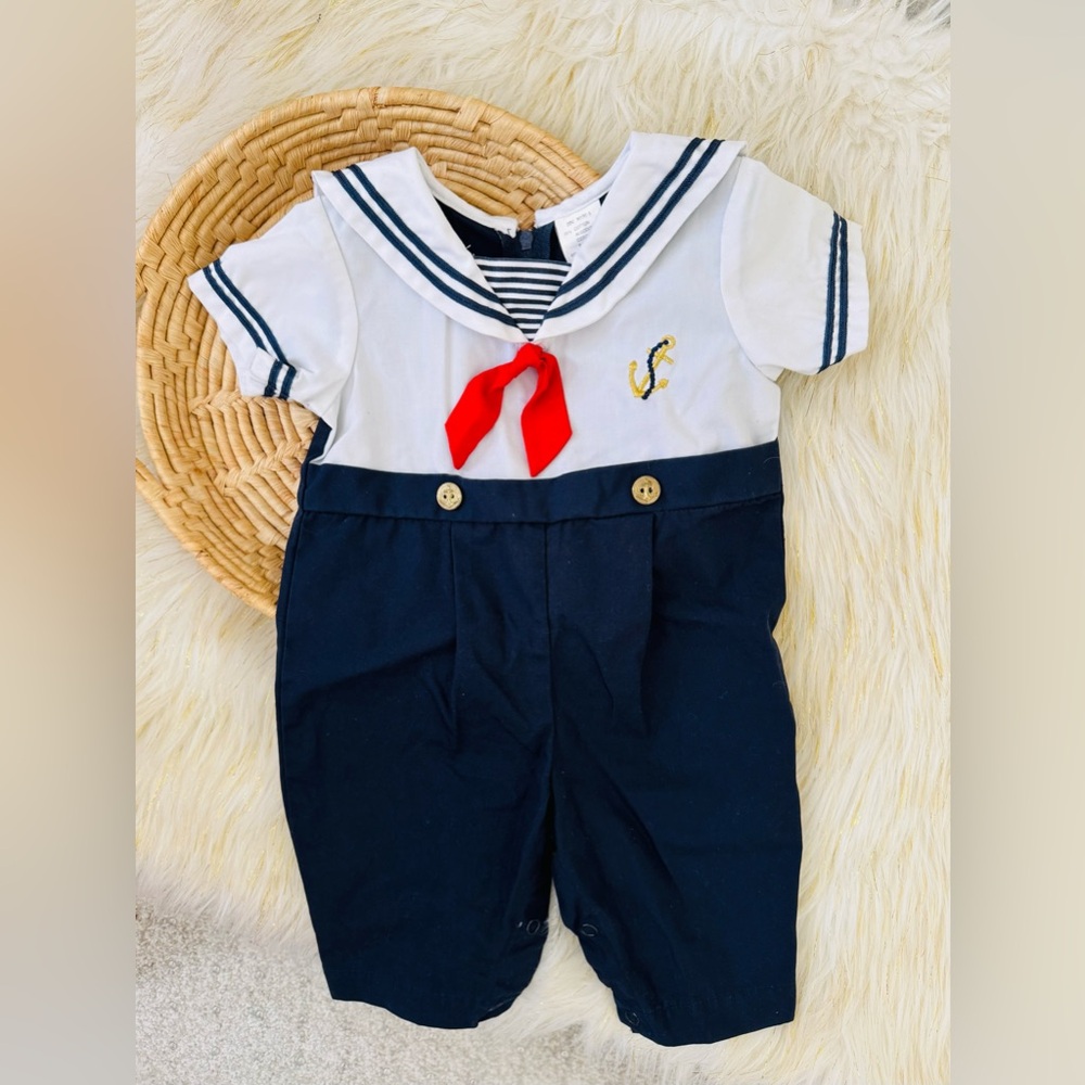 Vintage Nautical Blue White Sailor One Piece Romper Size 3-6 Months